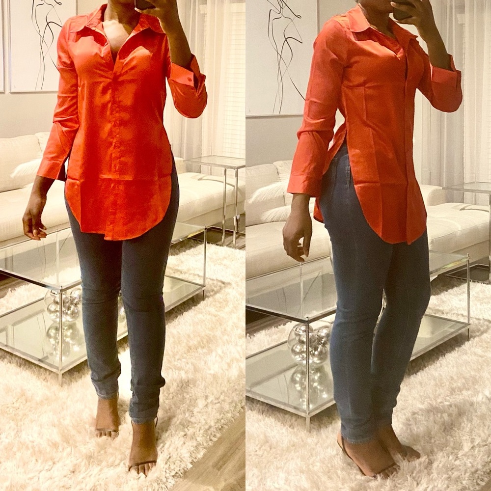Red Longline Button Down Blouse - Picture 2 of 4